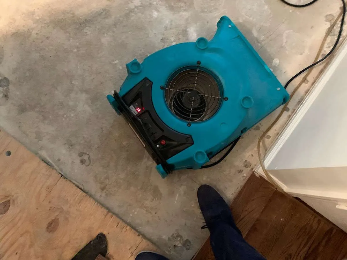 Air mover drying subfloor during Leak Detection & Repair in Arab